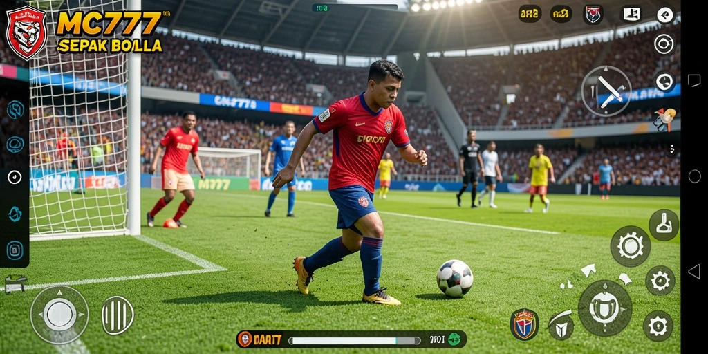 Tangkapan layar gameplay MC777 menampilkan aksi seru dalam pertandingan sepak bola.